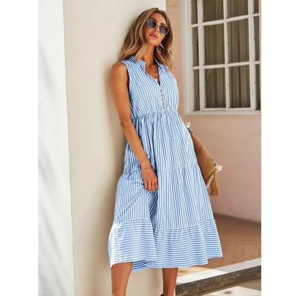 Striped Blue White V-Neck Midi Dress Sleeveless Fit & Flared - Picture 2 of 8